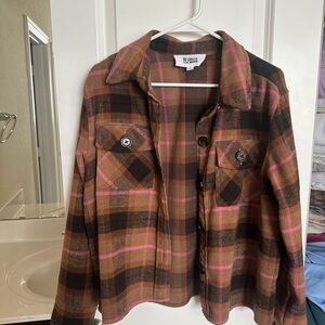 Brown and Pink Plaid Button-Up shacket